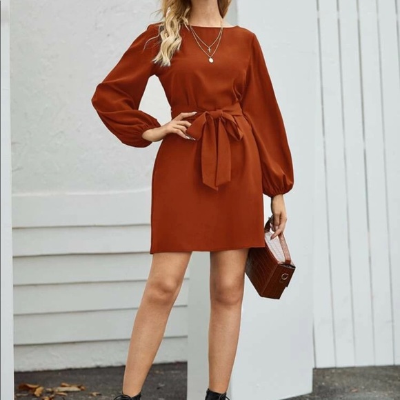 Boho lantern sleeve  belted dress rust brown - Picture 4 of 15